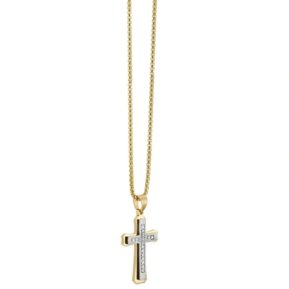 NEW 1/10 Ct Diamond Accent + 18KP Gold & Stainless Steel Cross Necklace, Men’s